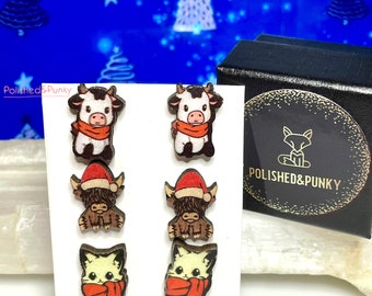 Christmas Earrings Christmas Cat Earrings Christmas Cow Earrings Christmas Bull earrings Wood Stud Cute Christmas earrings BOX