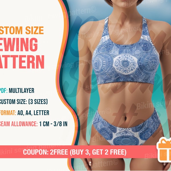 Bikini set pattern PDF. Swimsuit pattern PDF. Custom-size. Sizes xxs-xxl. Bikini pattern. Sewing pattern. Beginner Pattern. Easy pattern