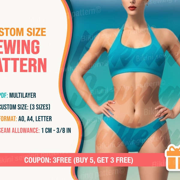 Bikini set pattern PDF. Swimsuit pattern PDF. Custom-size. Sizes xxs-xxl. Bikini pattern. Sewing pattern. Beginner Pattern. Easy pattern