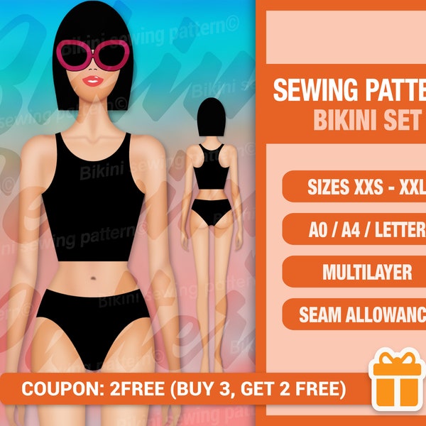 Bikini set pattern PDF. Swimsuit pattern PDF. Custom-size. Sizes xxs-xxl. Bikini pattern. Sewing pattern. Beginner Pattern. Easy pattern