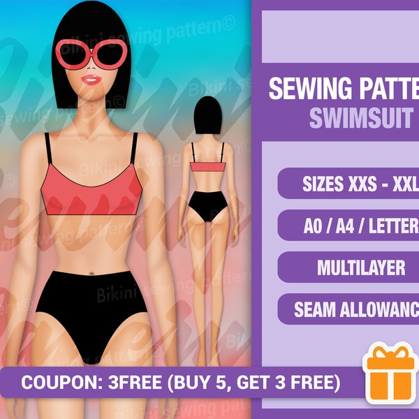 Bikini set pattern PDF. Swimsuit pattern PDF. Custom-size. Sizes xxs-xxl. Bikini pattern. Sewing pattern. Beginner Pattern. Easy pattern