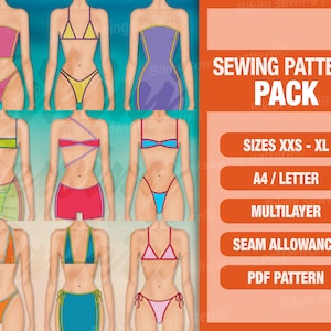 Bikini pack set pattern PDF. Swimsuit pattern PDF. Custom-size. Sizes xxs-xl. Bikini pattern. Sewing pattern. Beginner Pattern pdf.