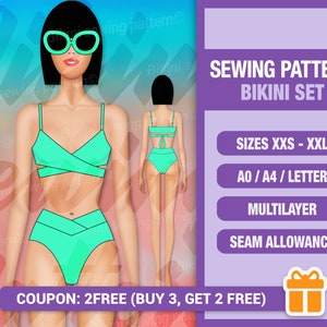 Bikini set pattern PDF. Swimsuit pattern PDF. Custom-size. Sizes xxs-xxl. Bikini pattern. Sewing pattern. Beginner Pattern. Easy pattern