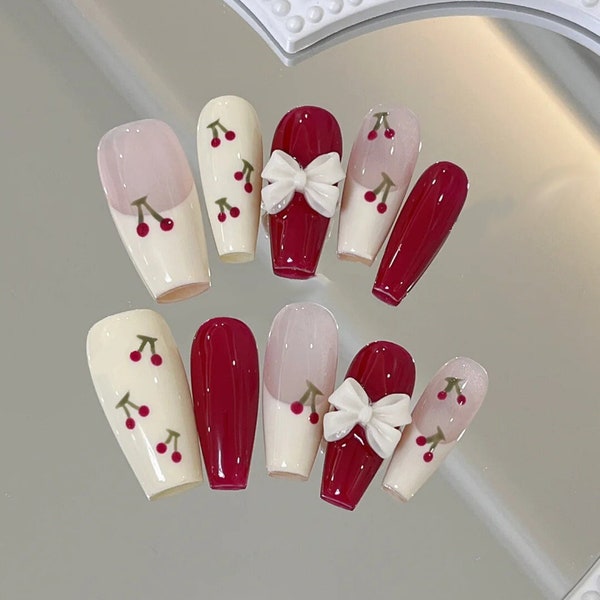 Cherry Core Press On Nails, Kawaii Press On Nails, Handmade Press On Nails Coffin, Reusable Press On Nails, Japanese Nails, Coffin Nails