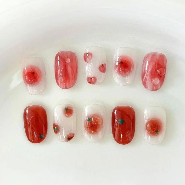 Jelly Tomato Peach Press On Nails, Kawaii Press On Nails, Handmade Press On Nails Short, Reusable Press On Nails, Japanese Nails, Cute Nails