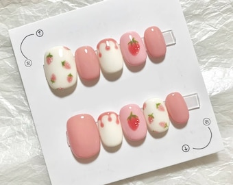 Prensa de mermelada de fresa en las uñas, prensa Kawaii en las uñas, prensa hecha a mano en las uñas cortas, prensa reutilizable en las uñas, uñas japonesas, uñas lindas