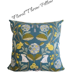 Floral Throw Pillow Cover, Botanical Rabbit Design in Teal and Yellow, Nature-Inspired Decorative Cushion, Farmhouse Pillow Case, 18”x18”