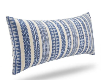 Blue & White Striped Lumbar Pillow Cover: Coastal Boho Decor, 14x36