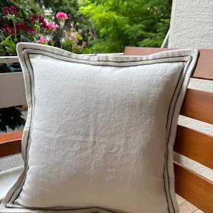 Handmade White Heavy Linen Pillow Cover: Braided Trim Cushion
