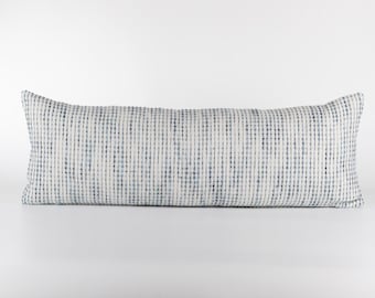 Textured Blue Striped Lumbar Pillow Cover: Natural Cotton (14x36)