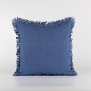 Handmade Denim Blue Fringe Throw Pillow Cover – Soft Linen Decorative Cushion for Sofa or Bed, 18x18 or 20x20 Boho Chic Home Decor