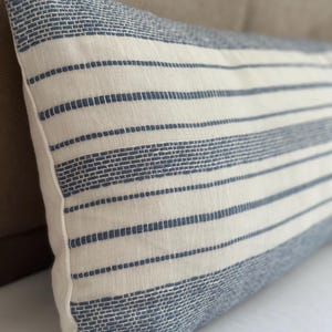 Textured Blue Ivory Striped Lumbar Pillow Cover – 12”x36” Handwoven Linen Decorative Cushion for Sofa or Bed- Custom Pillow Cover