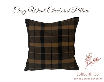 Cozy Wool Checkered Pillow Cover, Soft Winter Throw Cushion, Warm Sofa Accent, Brown and Camel Decorative Pillow Case, Personalized Pillow