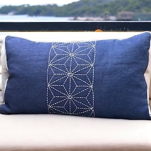 Sashiko Stickerei Kissenbezug, Indigo Leinen Kissenbezug, Traditionelle Japanische Stickerei, Asiatischer Dekorativer Kissenbezug, Housewarminggeschenk