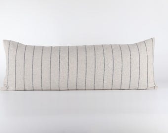 Striped Linen Lumbar Pillow Cover: Neutral Coastal Bed Pillow (14”x36”)
