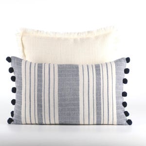 Striped Lumbar Pillow: Coastal Cotton Throw Cushion with Pom-Pom Accent