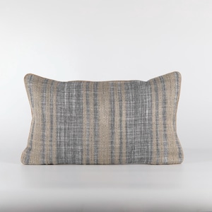Wowen Texture Striped Lumbar Pillow in Denim Blue, Grey, and Beige- Farmhouse Cushion Cover, Neutral throw pillow, Modern Coastal Pillow