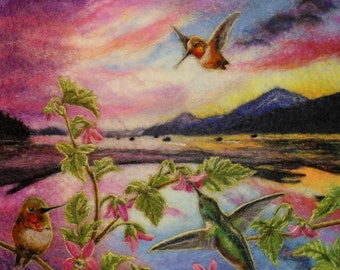 Alaska Hummingbird paper print with Salmonberry flowers and a vibrant ocean sunset. 12x12inches, unframed.