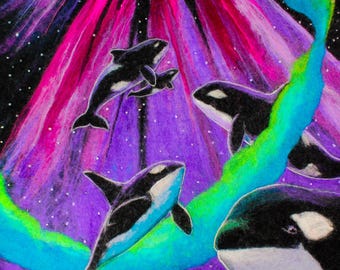 Orca Whale Aurora Borealis Art Print: Spellbound Sea Wolves (12x12 in.)