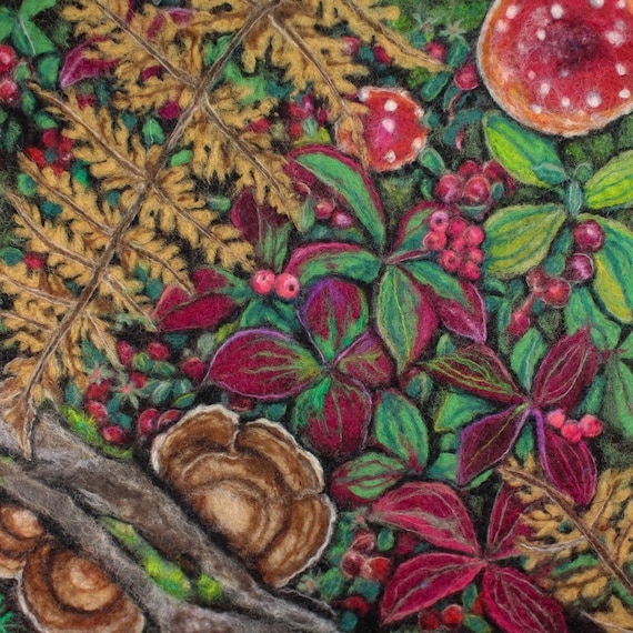 Forest Floor Art Print: Boreal Foliage, Berries, Fungi (12x12 Giclee)