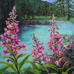 Fireweed Flower Art Print: Alaskan Landscape, Turquoise Stream (12x12in)