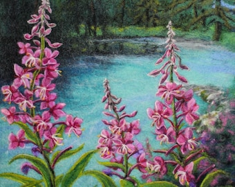 Fireweed Flower Art Print: Alaskan Landscape, Turquoise Stream (12x12in)