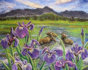 Moose and Iris Alaskan Landscape Giclee Print: Felted Wool Art