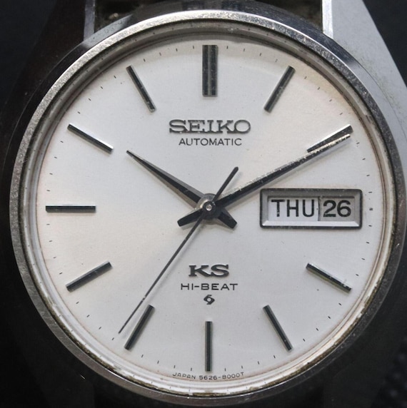 Vintage JDM King Seiko Hi Beat Watch 5626 8001 Kanji English Day Date overhauled Silver Sunburst Dial produced November 1974