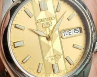 Restaurado JDM Seiko 5 21 joyas automático, fecha del día, esfera guilloché de oro inusual