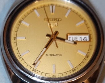 Overhauled vintage JDM Seiko 5 automatic gold face, day/date watch February 2000, new crystal