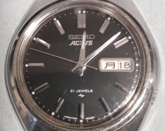 Vintage JDM Seiko Actus Automatik, schwarzes Zifferblatt, Herrenuhr Januar 1976, Kanji-Englisches Tag Rad