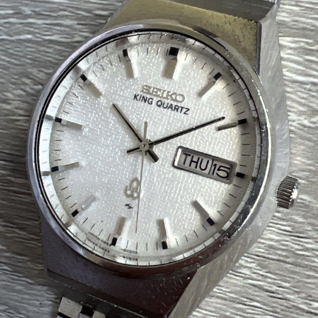 JDM Seiko King Quartz 0853-8025, Rarely Seen Linen Dial, Applied Indices, Original Bracelet, Serviced, December 1976 - Etsy JDM Seiko King Quartz 0853-8025, Rarely Seen Linen Dial, Applied Indices, Original Bracelet, Serviced, December 1976 - Etsy