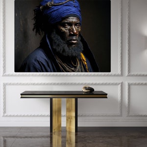 Second variation of a large canvas print of a fierce Tuareg Chief. Intense blues and golds.