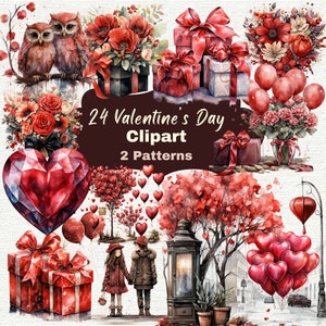 24 clipart aquarela do dia dos namorados, 2 padrões sem costura, PNG de alta qualidade, download instantâneo de arte digital, uso comercial