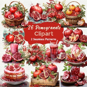 26 Pomegranate Watercolor Clipart, 2 seamless patterns, high quality PNG, Instant download digital art, commercial use