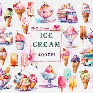 Watercolor Ice-Cream Clipart, Summer Flower, PNG, Commercial Use
