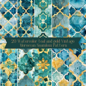Carta digitale marocchina vintage acquerello verde acqua e oro, 300dpi, PNG di alta qualità, uso commerciale, download immediato digitale