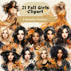 21 Acquerello Autunno/Autunno PNG Clipart Ragazze, Uso commerciale, 400 e 100 DPI, Download istantaneo, Foglia autunnale, Floreale, Sfondo trasparente