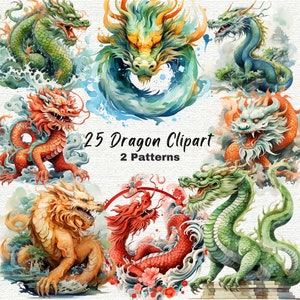 25 Dragon aquarel clipart, 2 naadloze patronen, hoge kwaliteit PNG, Instant download digitale kunst, commercieel gebruik