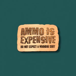 May include: A wooden sign with the text "AMMO IS EXPENSIVE DO NOT EXPECT A WARNING SHOT" in a bold, rustic font. The sign is rectangular with rounded edges and a natural wood grain appearance. The background is a solid teal color.