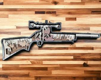 Layered Wood Rifle Wall Art: 3D Silhouette Design