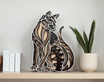 3D Layered Wood Cat Wall Art | Resting Silhouette