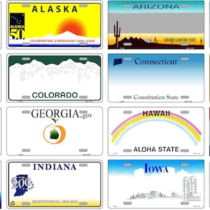 May include: A collage of 12 US state license plates, each featuring a unique design and slogan. The plates are arranged in four rows of three, with each row representing a different region of the country. The plates are all white with blue lettering and borders, and they feature a variety of images, including mountains, sunsets, and state symbols. The plates are a great way to show your state pride and to add a touch of Americana to your home decor.