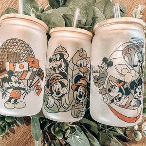 Disney World Mickey and Friends Inspired Glass Cans | Coffee Glass Cup w/ Bamboo Lid | Disney Iced Coffee Glass Can | Epcot | Animal Kingdom