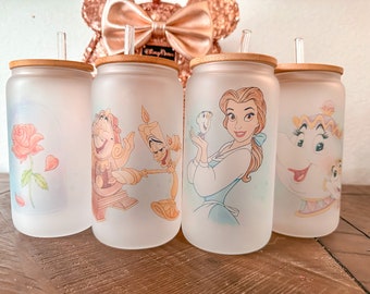 Beauty and the Beast Frosted Glass Cans | Disney Gift | Iced Coffee Frosted Glass Can | Belle Coffee | Belle Glass Cup