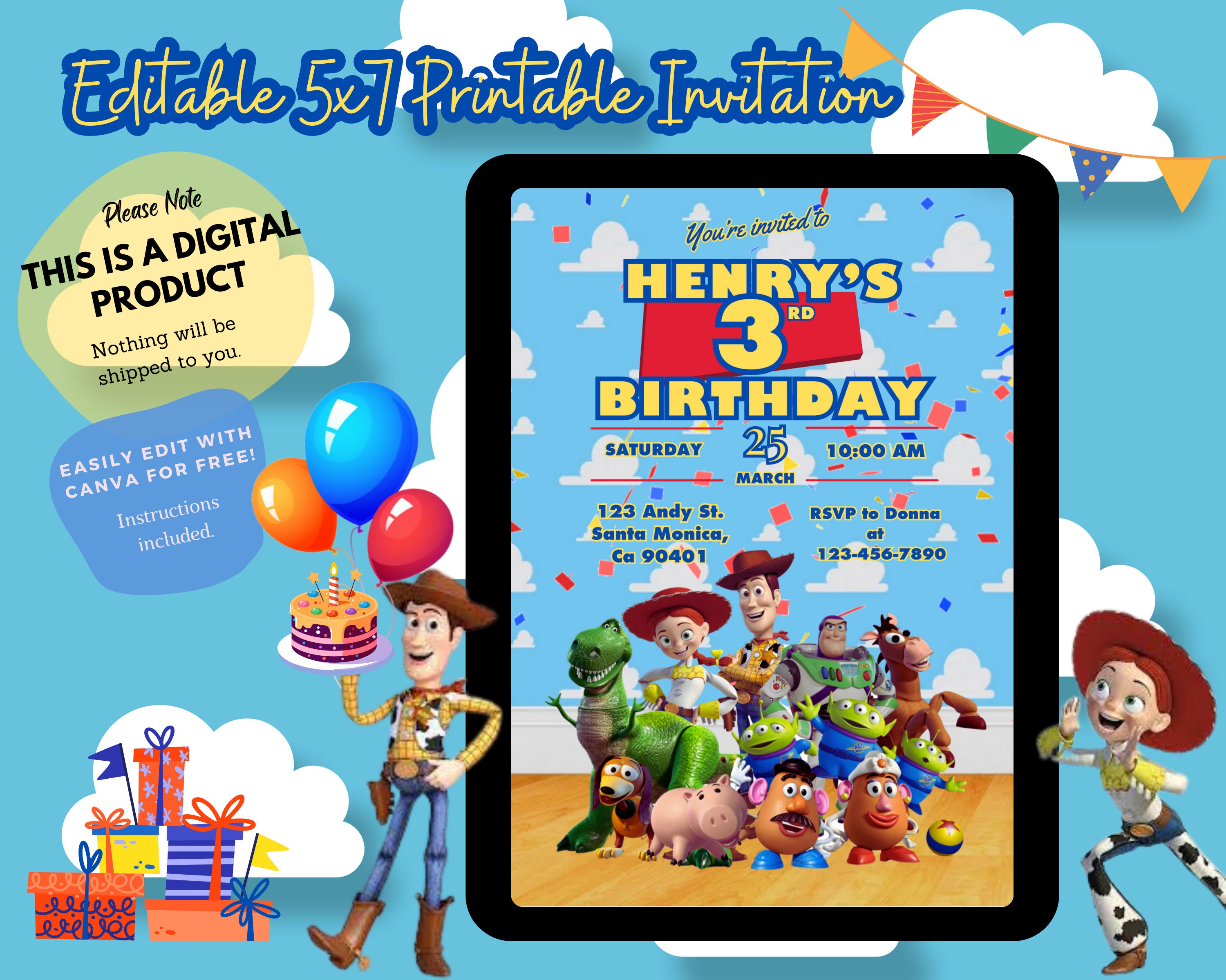 Toys Story Birthday Invitation, Toys Story Digital Template, Toys Story