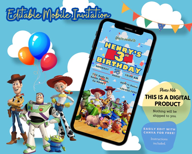 Toys Story Birthday Invitation, Toys Story Digital Template, Toys Story