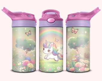 Unicorn Tumbler - 12oz Unicorn Kids Flip Top Sippy Cup Tumbler, Unicorn, Pastel Colors, Butterflies, Kids Water Bottle Sublimation Design