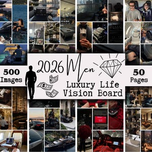 Op de afbeelding: Een collage van afbeeldingen met een luxueus thema, waaronder jachten, auto's en interieurs. De tekst luidt "2026 Men Luxury Life Vision Board" met "500 Images" en "50 Pages". Een diamantafbeelding en geldsymbolen zijn ook aanwezig.