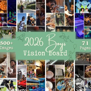 Op de afbeelding: Een collage van afbeeldingen met een groene achtergrond. De tekst "2026 Boys Vision Board" wordt weergegeven, samen met "500+ Images" en "71 Pages". De collage bevat foto's van sport, dieren en diverse activiteiten.